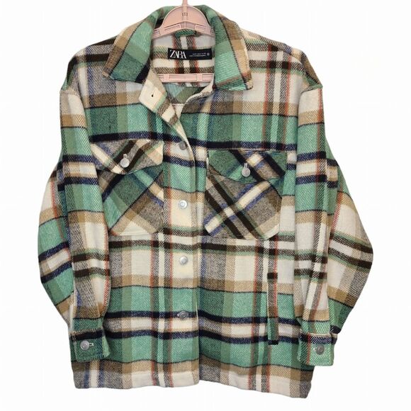 ZARA Women's S Check Plaid Beige Green Oversized Shacket Overshirt Jacket - Picture 1 of 15